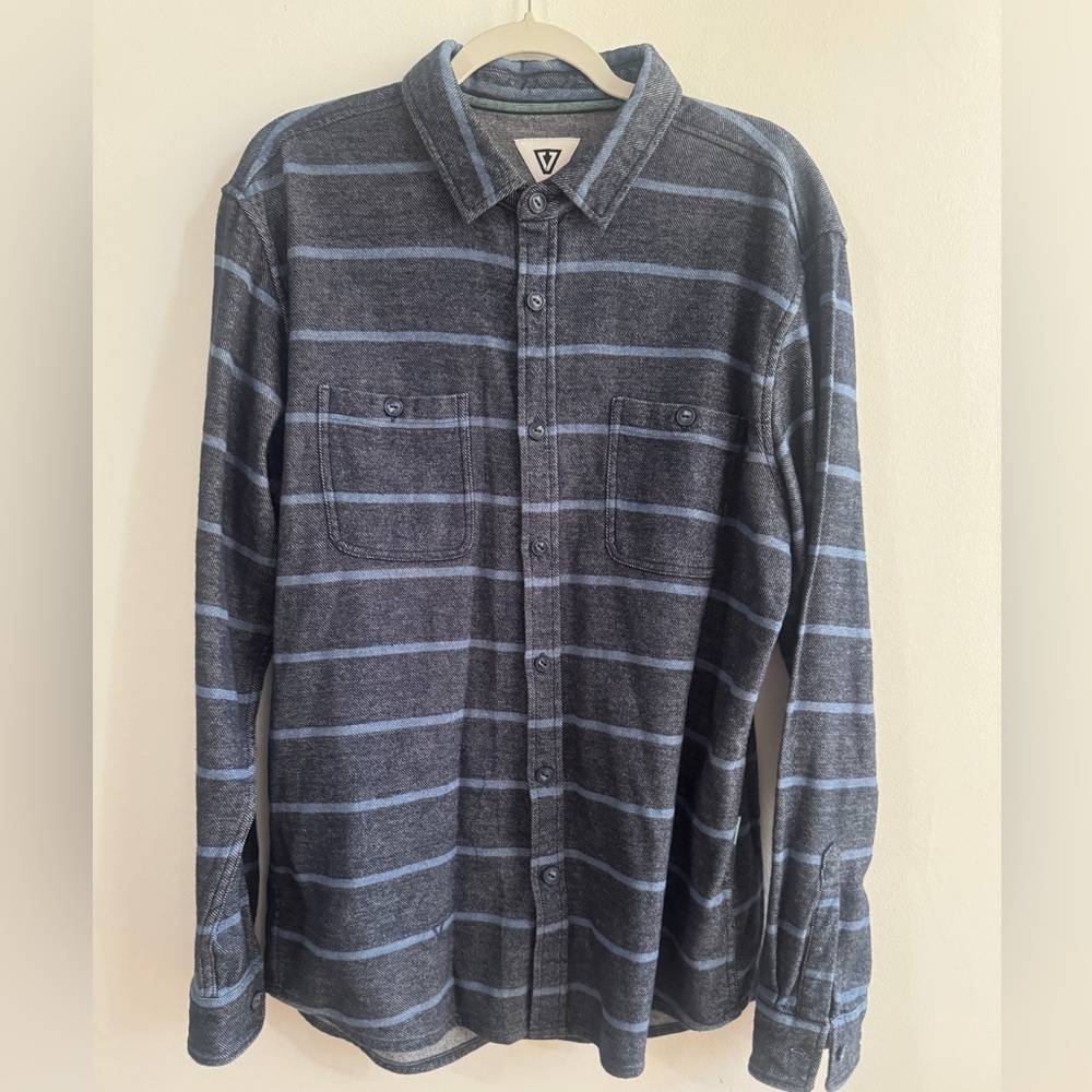VISSLA Navy and Sky Blue Striped Button-Down Shirt